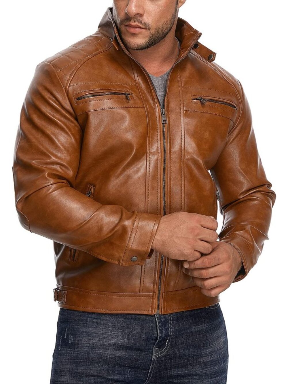 Men’s Brown Leather Stand Collar Long Sleeve Aviator Pockets Motorcycle Jacket